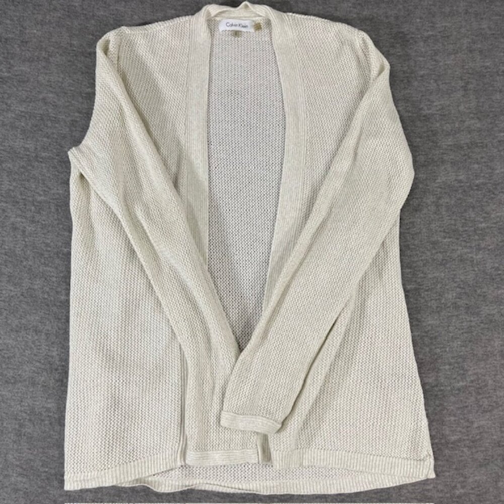 Calvin Klein Womens Open Knit Netted Mesh Cream Gold Sweater Cardigan Size M Med